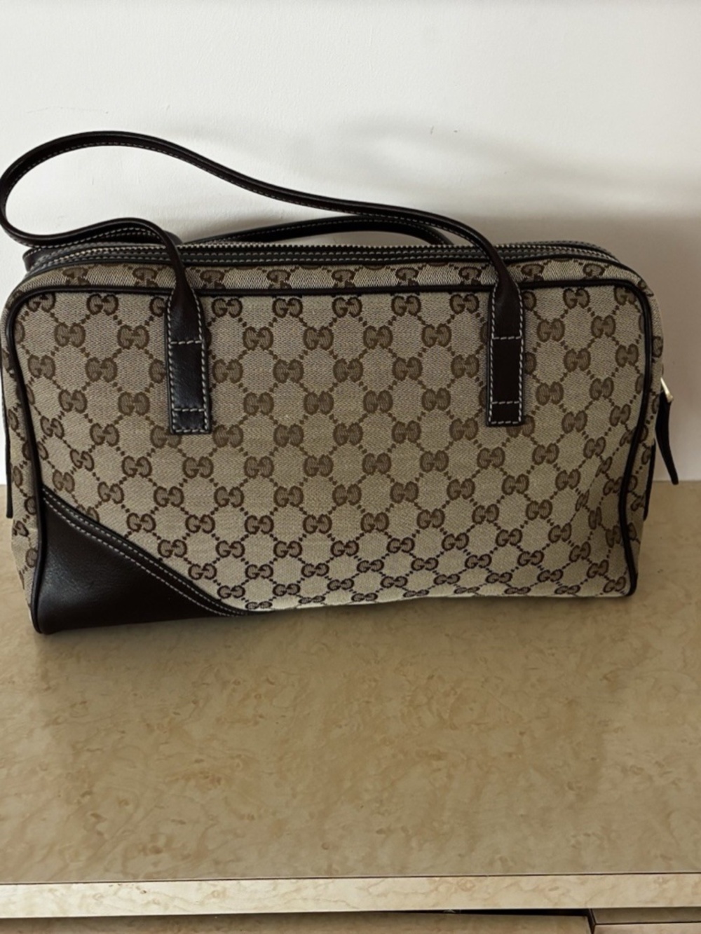 Gucci Britt Boston Bag GG Monogram Canvas Brown Leather & Dust Bag -Like New - Picture 2 of 16